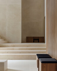 Minimalist interior design featuring wooden benches and stone steps in a spacious setting