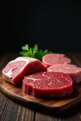 A rich selection of raw beef cuts, ready for culinary creation on a rustic wooden board