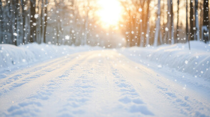 Obraz premium serene winter scene with heavy snowfall on countryside road, illuminated by warm glow of sun