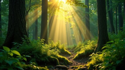 Sunbeams Illuminate a Mystical Forest Path, Lush Greenery and Ancient Trees Basking in Golden Light