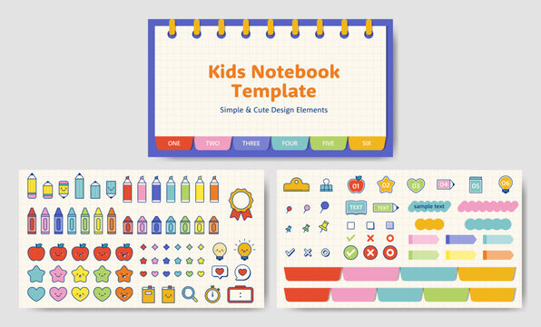 Spiral notebook with index tabs template and cute stationery design elements for kids. For class slides, presentations, educational videos, etc.