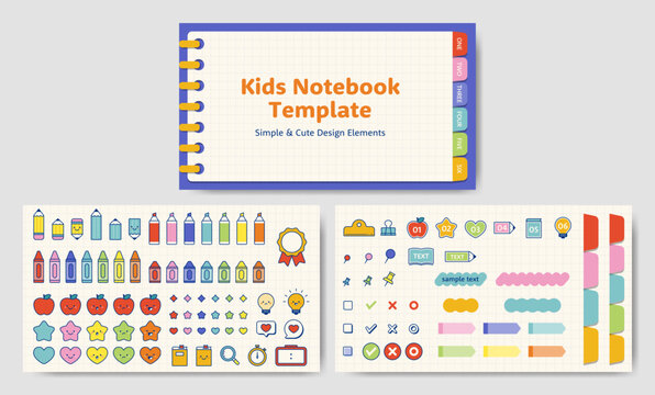 Spiral notebook with index tabs template and cute stationery design elements for kids. For class slides, presentations, educational videos, etc.