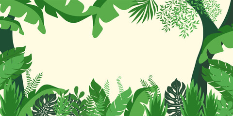 Jungle vector forest silhouette landscape, blue and orange tropical nature background,with leaves frame and copy space © bodonk