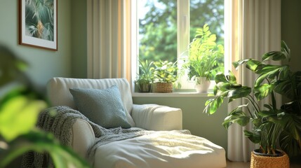 Fototapeta premium Cozy interior view with chaise lounge and lush plants