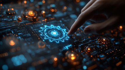 Obraz premium A finger gently activates a glowing gear mechanism symbolizing innovation and technological advancement with a dark, futuristic circuit board background.