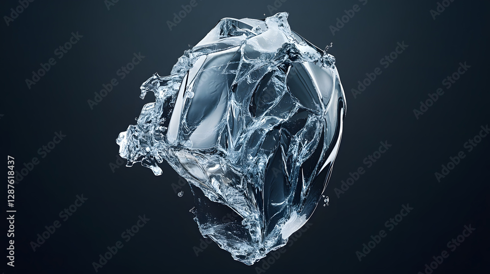 Poster broken ice cube on a black background showcasing unique shapes and textures in a cold environment