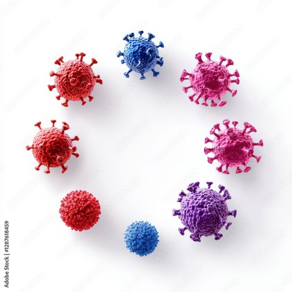 Poster colorful virus models arranged in a circular pattern, showcasing various sizes and colors, suggestiv