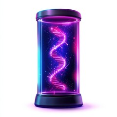 Fototapeta premium A glowing DNA structure is encased in a futuristic cylinder, showcasing vibrant colors that suggest advanced technology and genetic research.