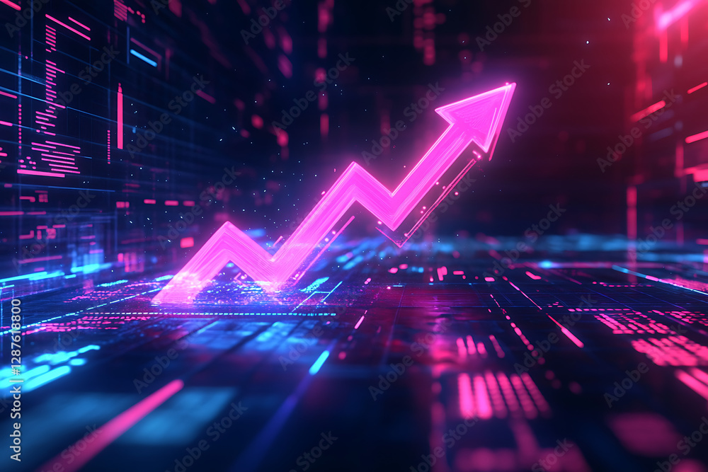 Poster a digital representation of a rising graph in a futuristic environment.