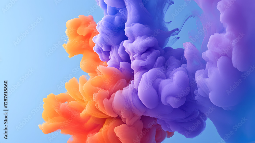Poster colored ink splashes on a blue background creating an abstract artistic design