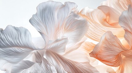 Ethereal white flower petals with delicate translucent textures in soft peach tones, macro photography


