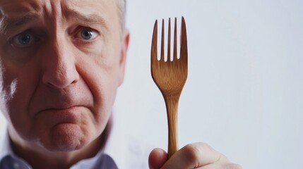 Dementia symptoms in a senior man forgetting the names of familiar objects in his kitchen. Featuring confusion and frustration