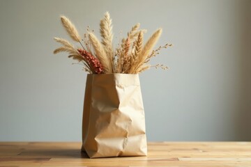 A simple arrangement of dried botanicals in a rustic paper bag on a wooden surface
