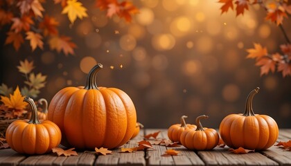 "Cozy Autumn Still Life – Pumpkins, Falling Leaves, and a Warm Harvest Glow"

