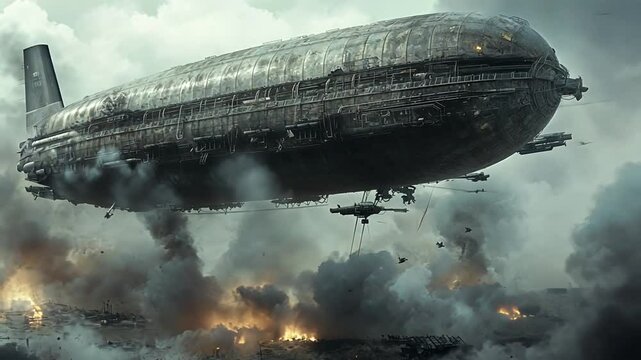 A colossal steampunk airship dominates the sky over a war-torn city amidst heavy smoke.