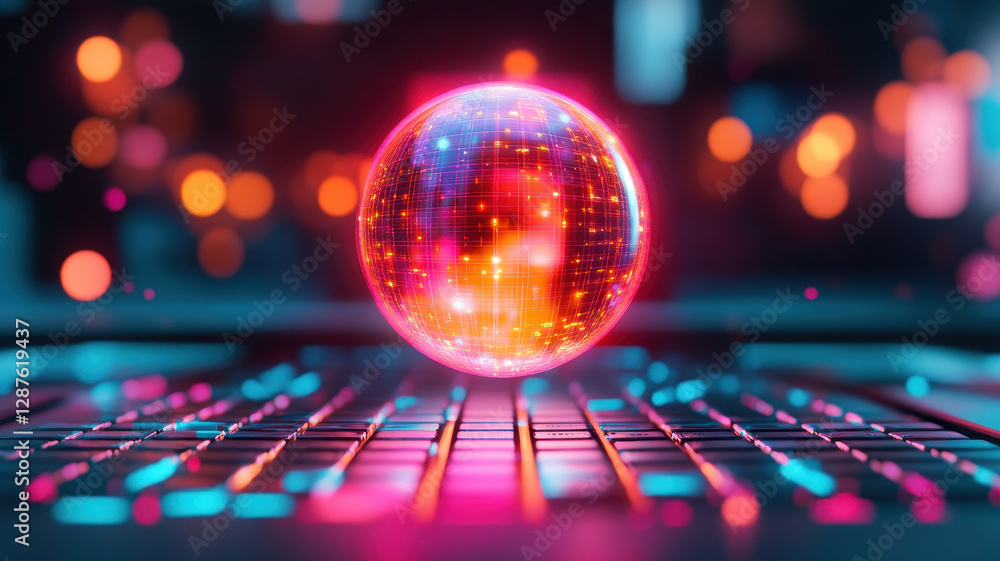 Aufkleber holographic sphere with glowing patterns hovers above keyboard, creating futuristic atmosphere