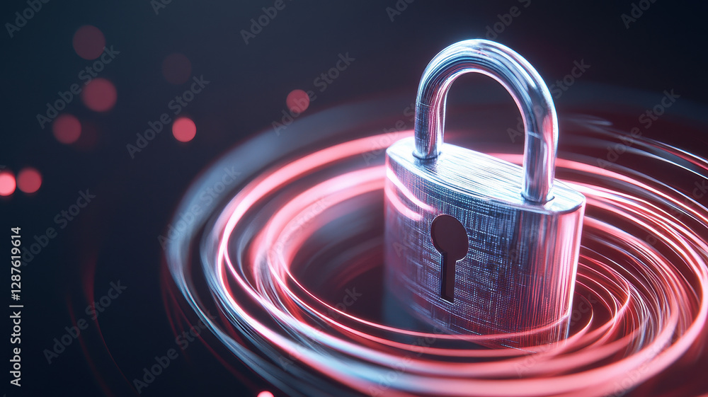 Aufkleber holographic cyber padlock with encrypted data glows in digital swirl, symbolizing security and prote