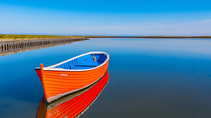 Naklejka premium Calm coastal waters, red boat reflection, sunny day, tranquil scene