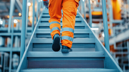 Industrial worker in orange safety gear ascending stairs in warehouse