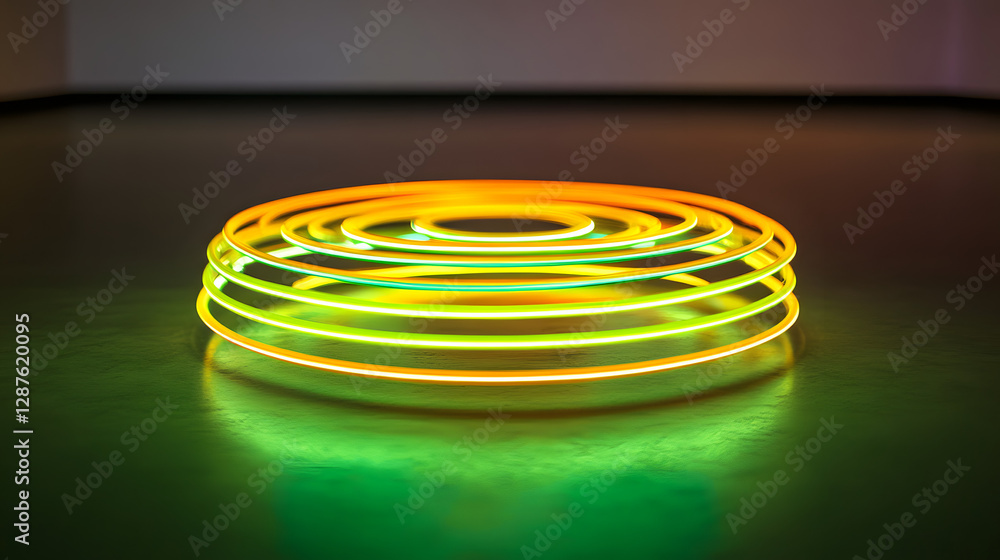 Poster neon colored object on a table with soft lighting and textured surface