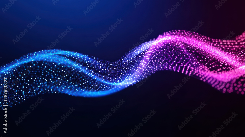 Poster colorful wave of glowing particles in futuristic digital space, creating mesmerizing flow of light a