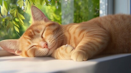 Ginger Cat Napping in Sunlit Window with Green Foliage