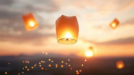 Lanterns rising into twilight sky, casting warm orange light, create magical atmosphere. serene moment of beauty and hope