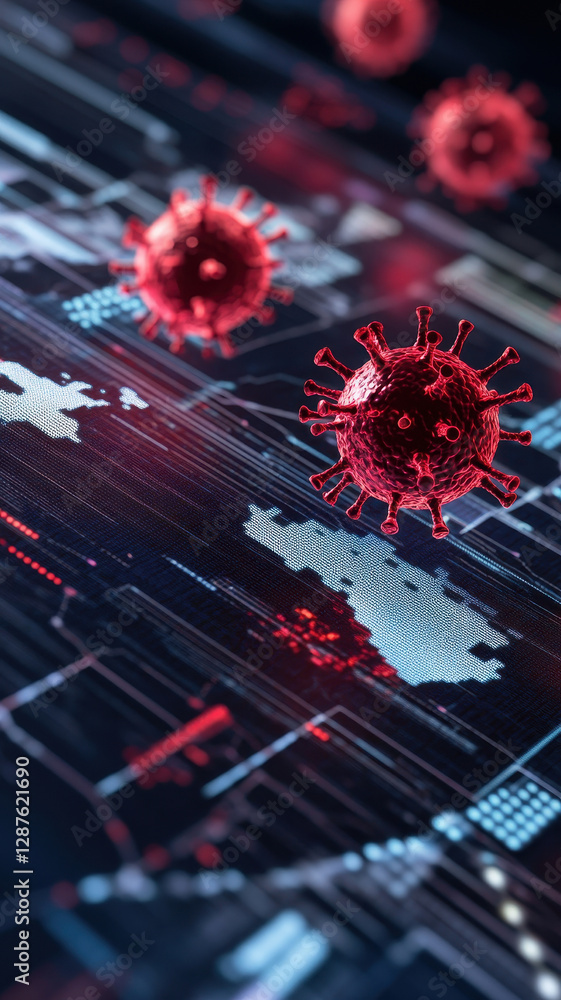 Poster 3d virus models floating over digital interface, representing infection spread