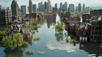 Obraz premium Flooded city; buildings submerged, trees underwater.