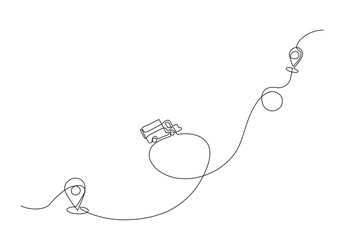 Continuous one line drawing of a delivery truck with location pins, symbolizing logistics, shipping, and navigation. Minimalist vector illustration for transportation concepts, Vector Editable stroke