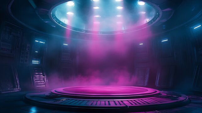 Futuristic sci-fi platform with neon pink and blue lighting, fog, and spotlight effects


