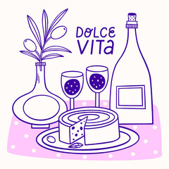 Hand drawn illustration with food for a picnic in nature. Wine, olives, cheese and glasses. Hand lettering  Dolce Vita.
