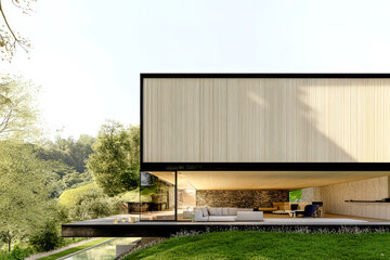 Obraz premium Modern architectural design of a house in a natural setting with large windows and open space