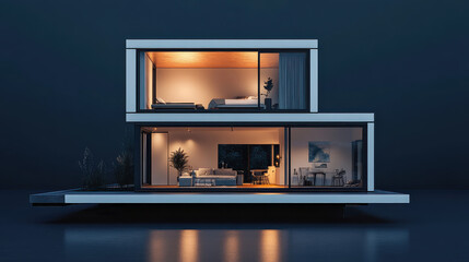 A stylish double-story modular house, vibrant copper-toned metal on top, white minimalist base