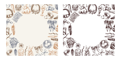 Easter vintage hand drawn sketch frames with festive holiday elements