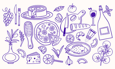 Hand drawn Italian food set. Bread, wine, cheese, olives, grapes, tomatoes and dishes are suitable for personal design.