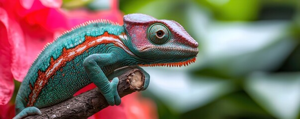 Obraz premium Colorful Chameleon Resting on Branch Surrounded by Vibrant Flora