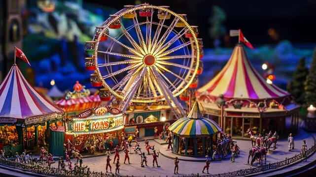 Miniature carnival scene with glowing Ferris wheel, tents, and tiny people having fun.