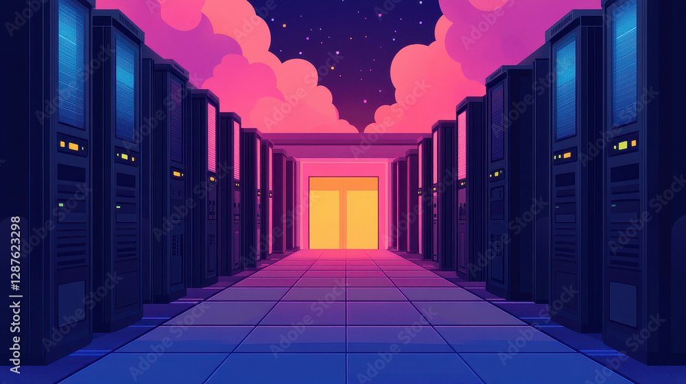 Poster modern cloud computing architecture with vibrant colors and digital servers
