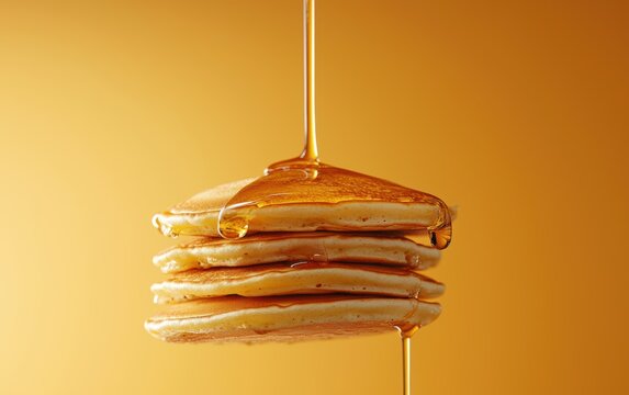 Suspended pancake stack with syrup on a warm orange background