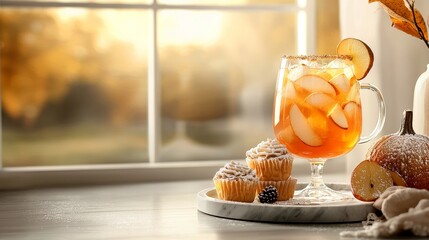 Fototapeta premium An inviting scene with a glass of spiced pear sangria and matching Thanksgiving-themed desserts, placed by a window with natural light streaming in