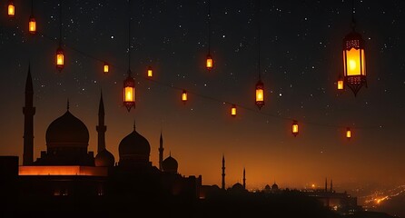 Obraz premium Islamic background with mosque, crescent and lanterns