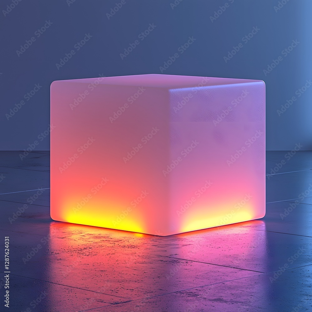 Poster glowing illuminated cube platform with seamless white backdrop for bold product presentation