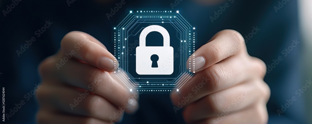 Aufkleber protection connection sign proxy vpn concept. a person holds a digital lock icon symbolizing cyberse