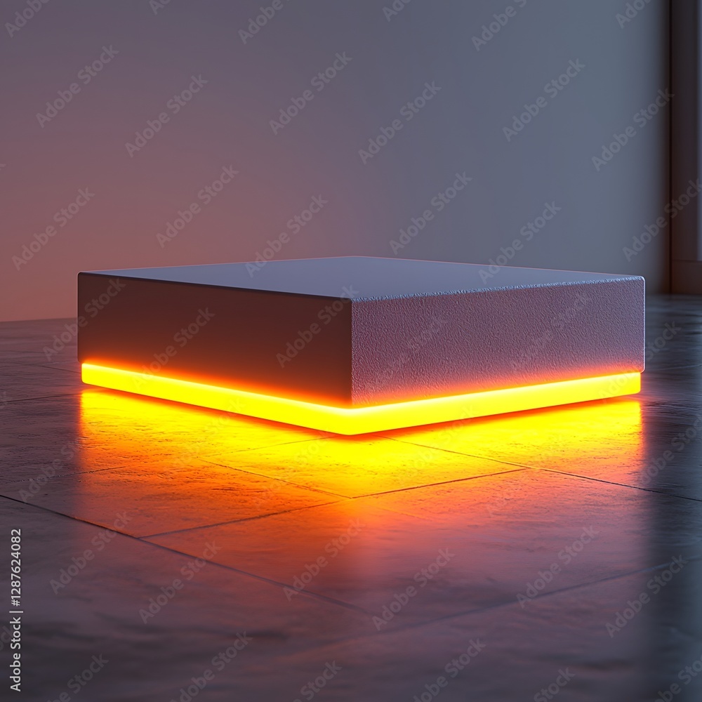 Poster glowing illuminated cube platform for bold product presentation on seamless white backdrop