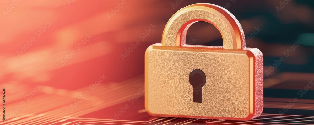 Poster protection connection sign proxy vpn concept. golden padlock on a circuit board, symbolizing securit