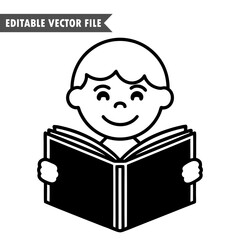 Happy Boy Reading a Book, Simple Black and White Vector Illustration