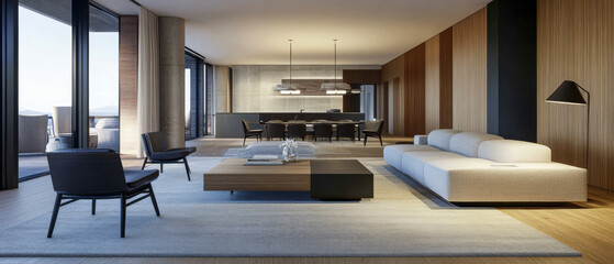 Modern luxury interior design showcasing minimalist living room and dining area in a scenic setting