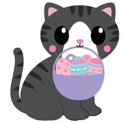 grey cat, Easter kitten, cute feline, bunny ear cat, cat with Easter eggs, springtime kitty, festive cat illustration, adorable Easter pet, cat with basket, pastel holiday cat, playful Easter feline, 