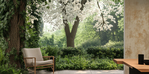 Beautiful spring garden with white blossoms and serene seating area in the foreground